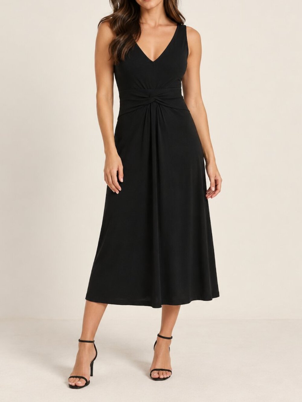 Ann Taylor LOFT Black Sleeveless V Neck Ruched Waist Midi Dress Size 8